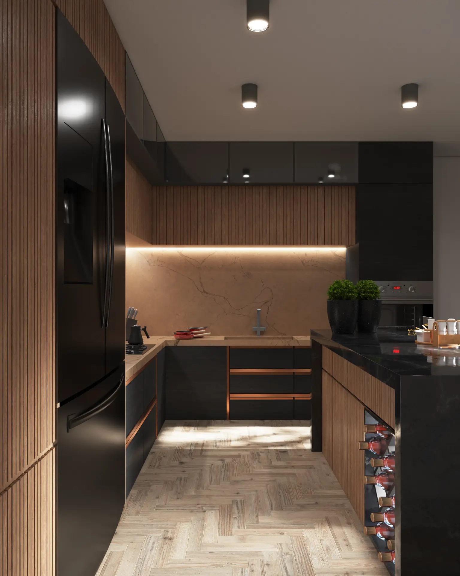 Dark frameless kitchen with slatted wood panels, black cabinet fronts and a stone backsplash